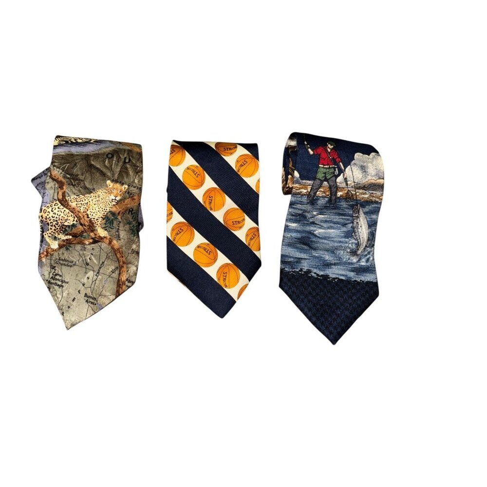 Men's Neck Tie Lot of Three-Fishing Basketball Animals - Picture 1 of 9